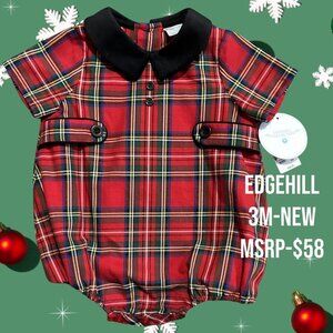 NEW-Edgehill Collection 3 Month Baby Boy Plaid Christmas Bubble Shortall-Romper